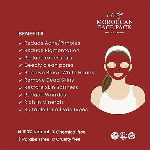 Moroccan face pack instruction manual with benefits listed on a red background