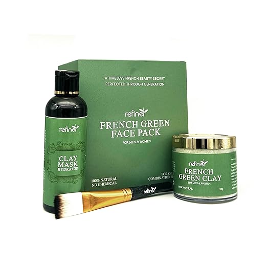 Refine Herbs - French Green Facepack | 100% Natural | No chemicals | French Green Clay, Clay Mask Hydrator, Free brush | for Men & women