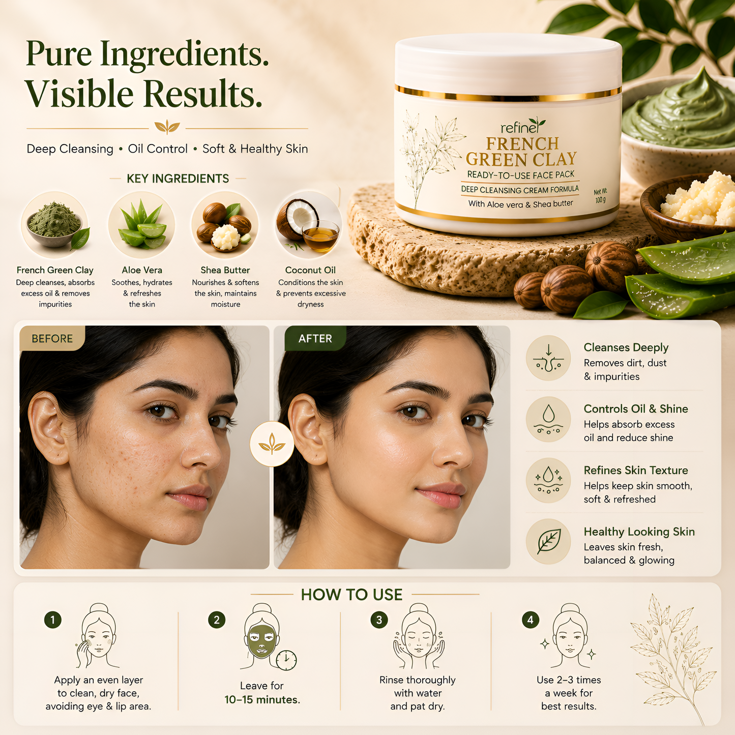 Refine French Green Clay Ready-to-Use Face Pack - 100gm