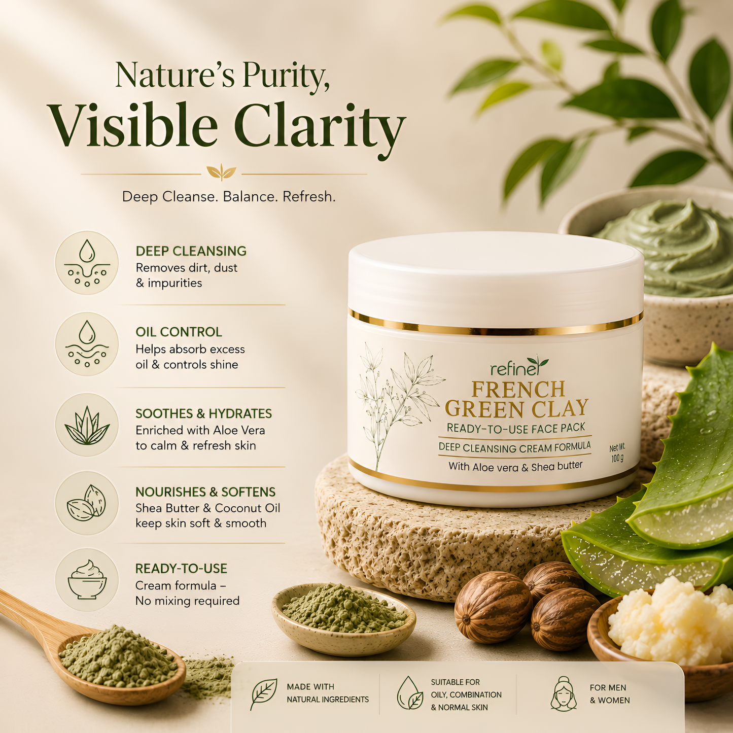 Refine French Green Clay Ready-to-Use Face Pack - 100gm