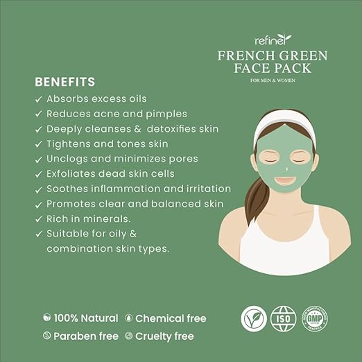 French Green Face Pack instruction manual with benefits listed on a green background
