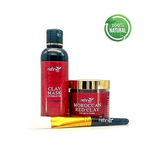 Moroccan Red clay facepack including a bottle, jar, and brush.