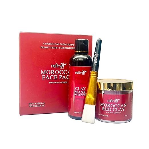 Set of Refiner Moroccan skincare products including a face pack, clay mask, and red clay.